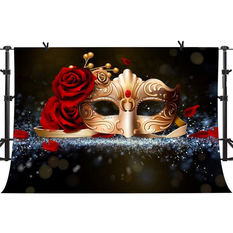 PHMOJEN Golden Mask Red Rose Photography Backdrop for Masquerade Theme Party Photo Background Vinyl 10x7ft LYPH212 - Image 1